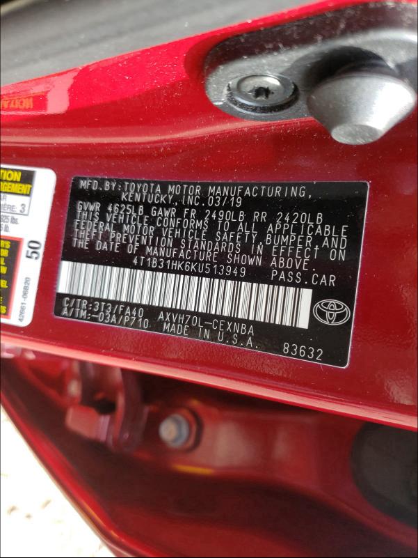 2019 TOYOTA CAMRY LE 4T1B31HK6KU513949