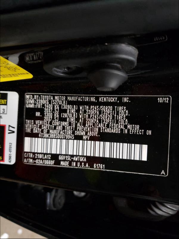 2013 TOYOTA VENZA XLE 4T3BK3BB5DU079945