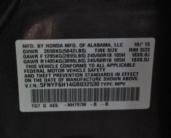 2016 HONDA PILOT LX 5FNYF6H14GB032530