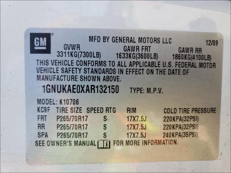 2010 CHEVROLET TAHOE 1GNUKAE0XAR132150