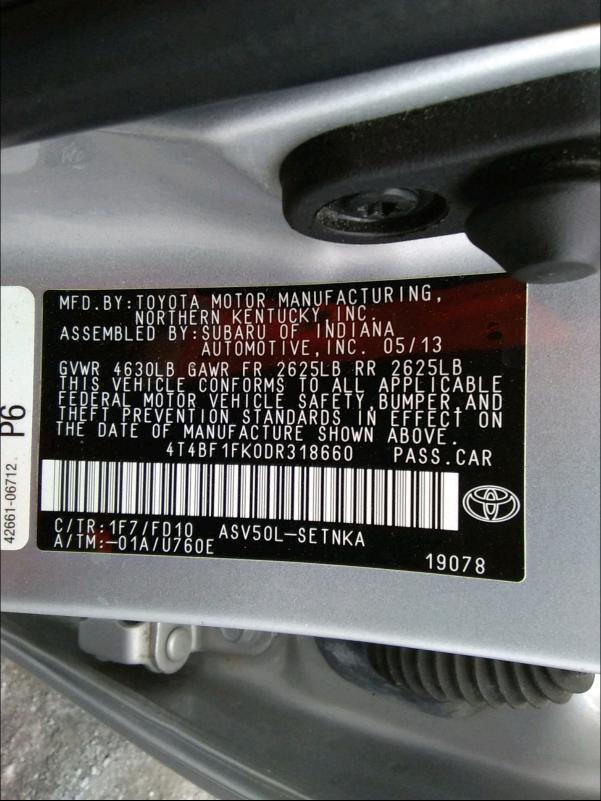 2013 TOYOTA CAMRY L 4T4BF1FK0DR318660