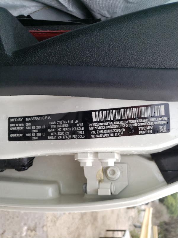 2018 MASERATI LEVANTE LU ZN661XUL0JX270700