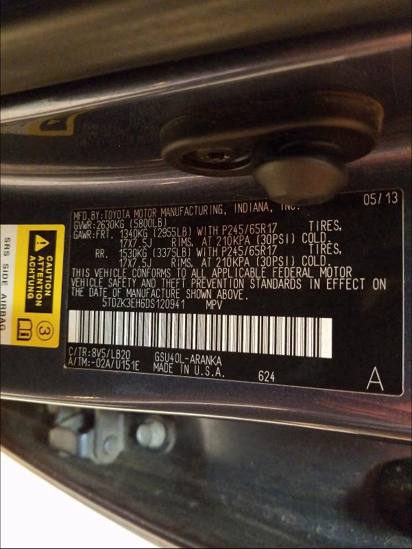 2013 TOYOTA HIGHLANDER 5TDZK3EH6DS120941