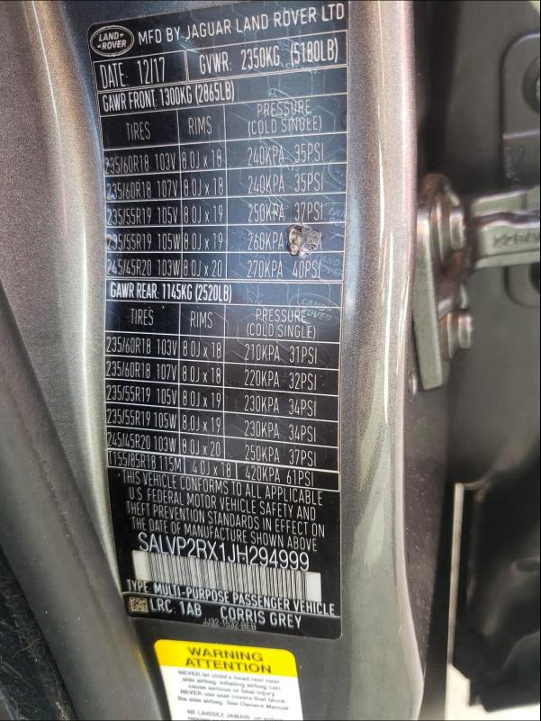 2018 LAND ROVER RANGE ROVE SALVP2RX1JH294999