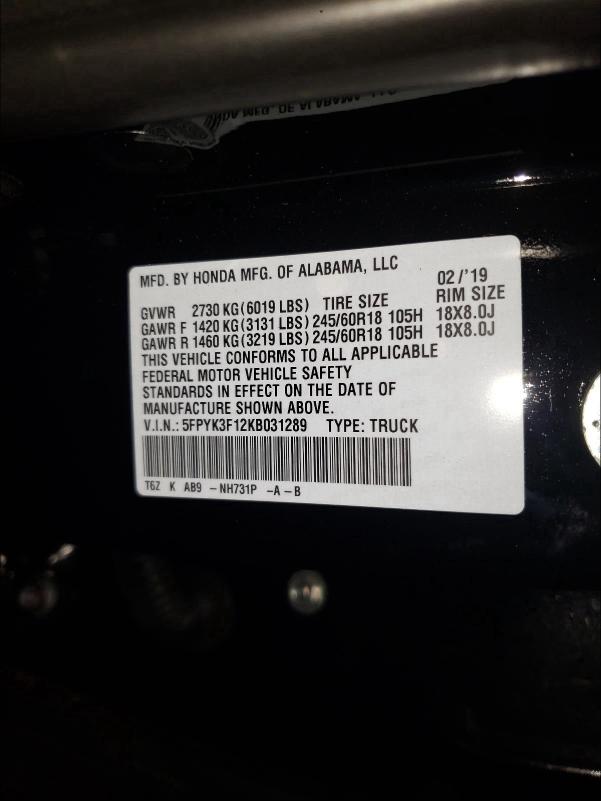 2019 HONDA RIDGELINE 5FPYK3F12KB031289