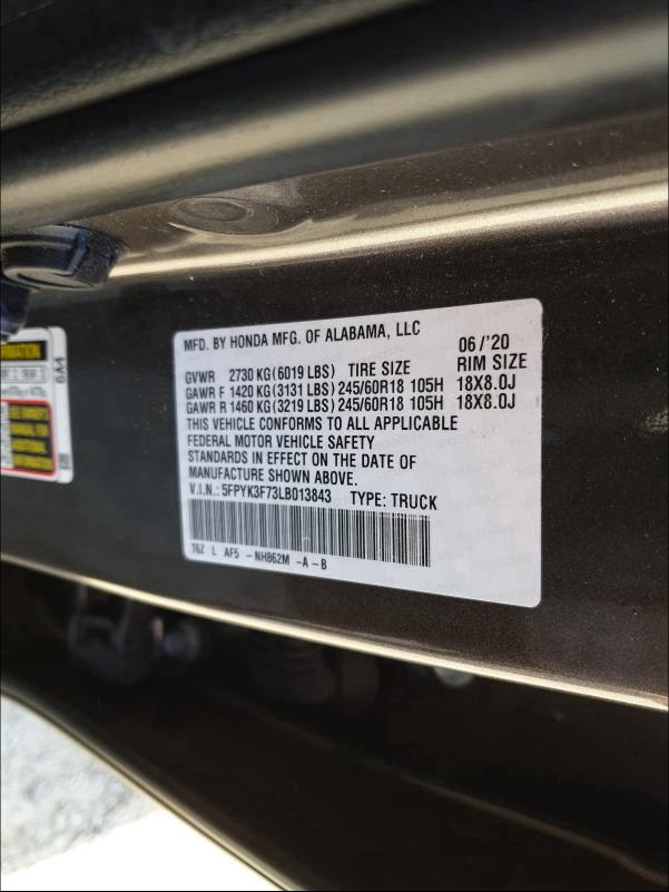 2020 HONDA RIDGELINE 5FPYK3F73LB013843