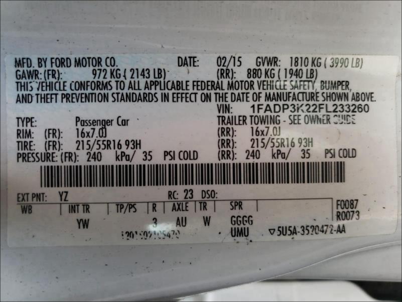 2015 FORD FOCUS SE 1FADP3K22FL233260