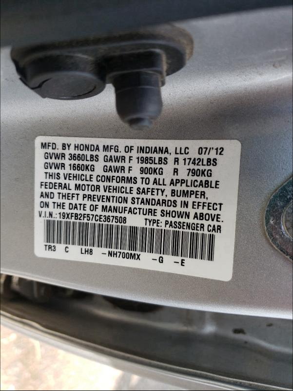 2012 HONDA CIVIC LX 19XFB2F57CE367508