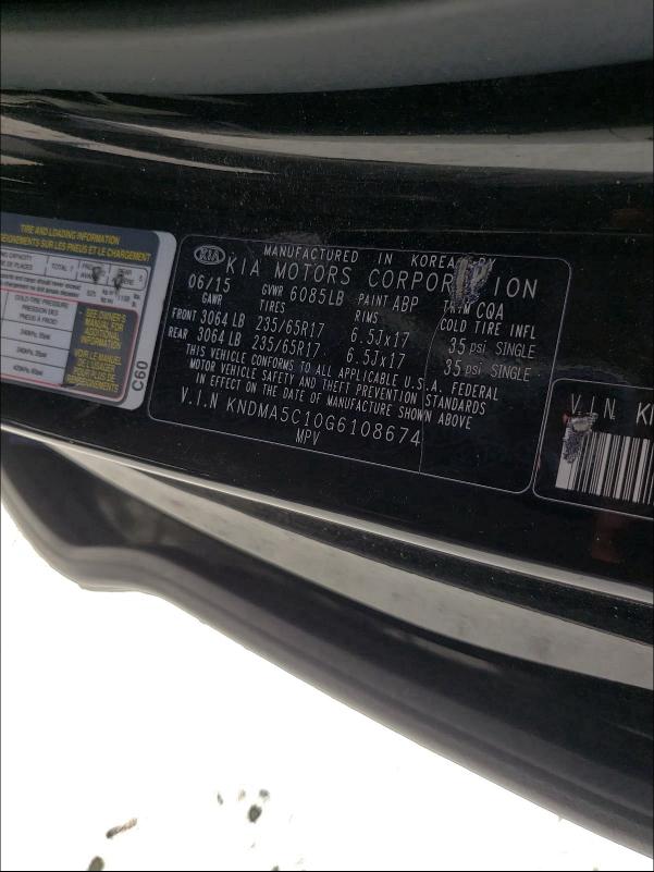 2016 KIA SEDONA L KNDMA5C10G6108674