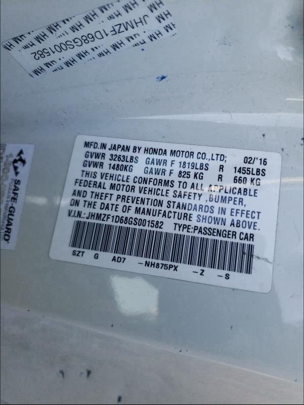 2016 HONDA CR-Z EX JHMZF1D68GS001582