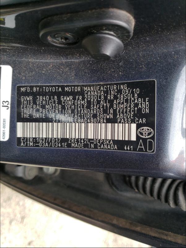 2010 TOYOTA COROLLA BA 2T1BU4EE8AC490784