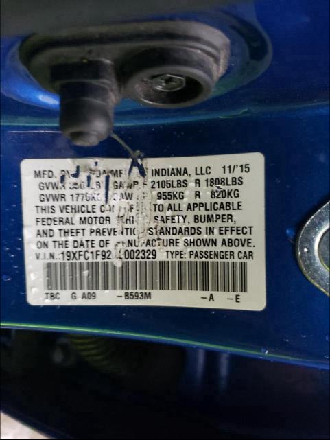 2016 HONDA CIVIC TOUR 19XFC1F92GE002329
