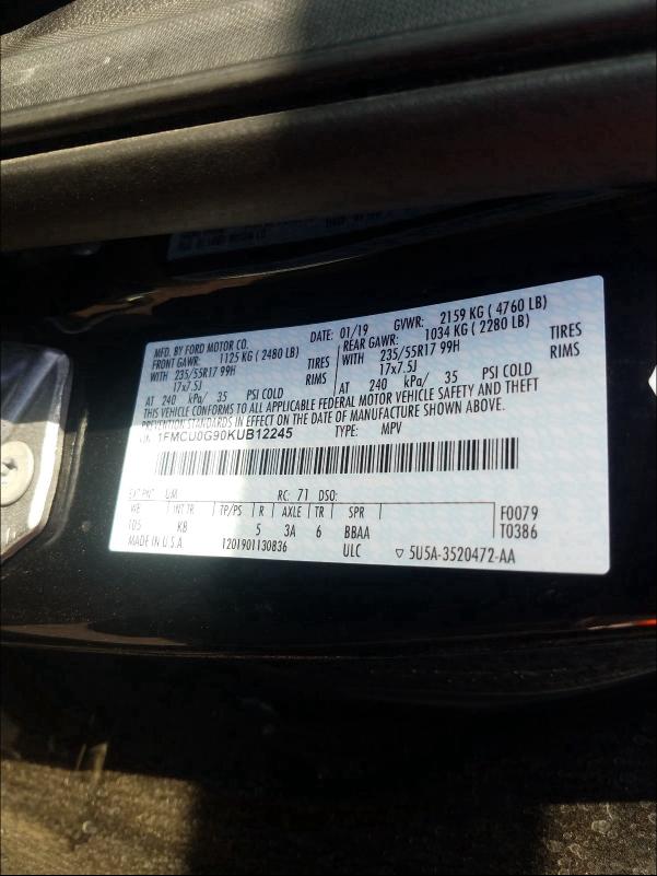 2019 FORD ESCAPE SE 1FMCU0G90KUB12245