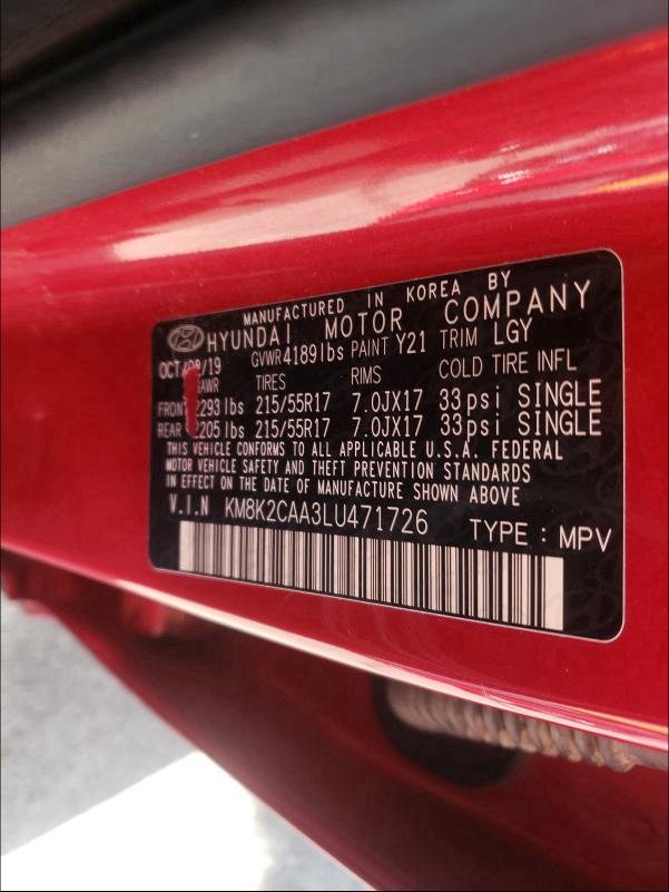 2020 HYUNDAI KONA SEL KM8K2CAA3LU471726