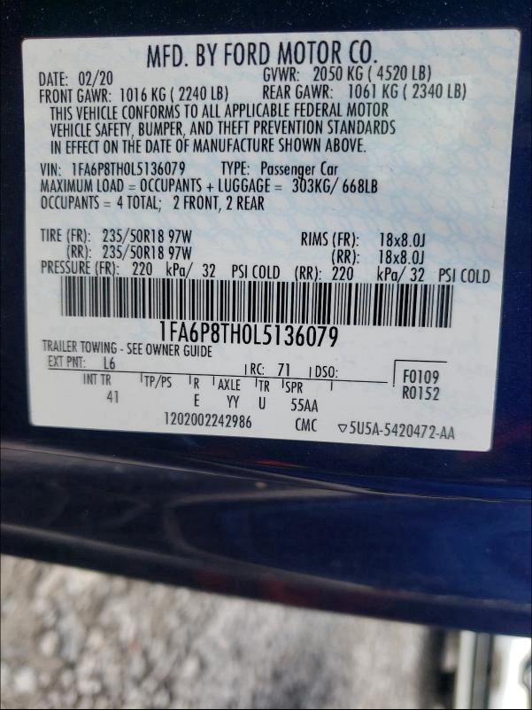2020 FORD MUSTANG 1FA6P8TH0L5136079