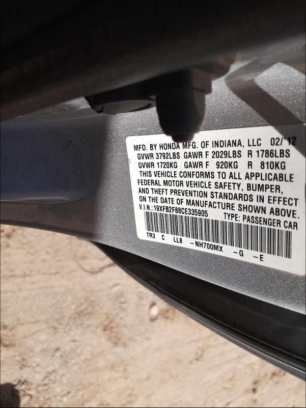 2012 HONDA CIVIC EX 19XFB2F88CE335905