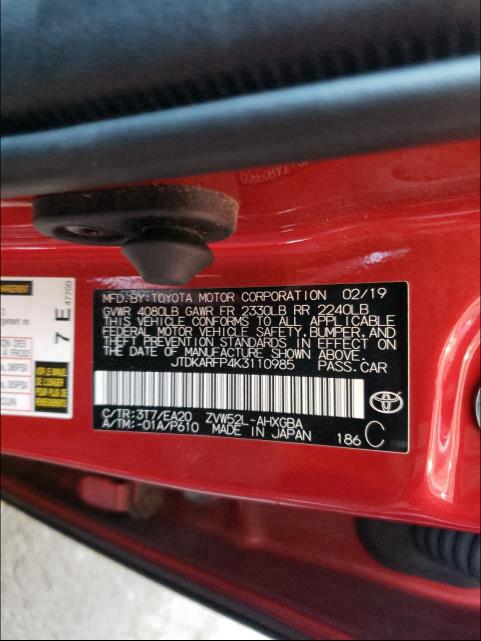 2019 TOYOTA PRIUS PRIM JTDKARFP4K3110985