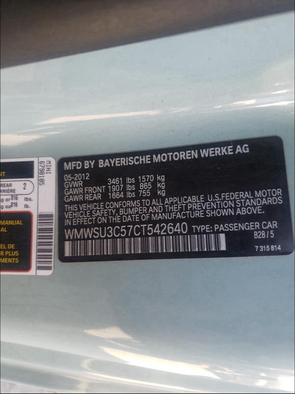 2012 MINI COOPER WMWSU3C57CT542640