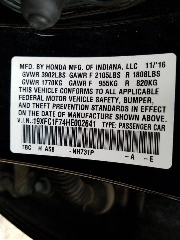 2017 HONDA CIVIC EXL 19XFC1F74HE002641