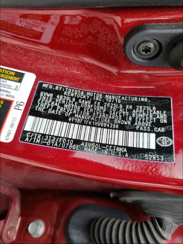 2017 TOYOTA CAMRY LE/S 4T1BF1FK1HU684398
