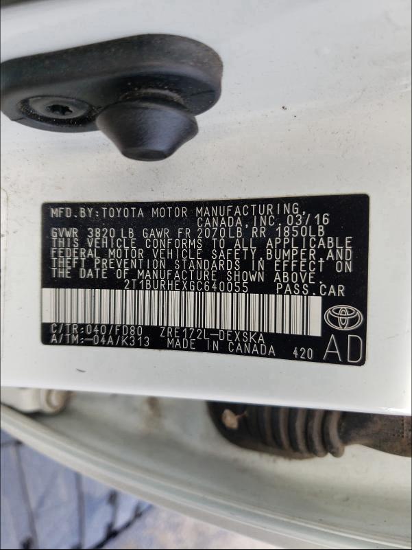 2016 TOYOTA COROLLA L 2T1BURHEXGC640055