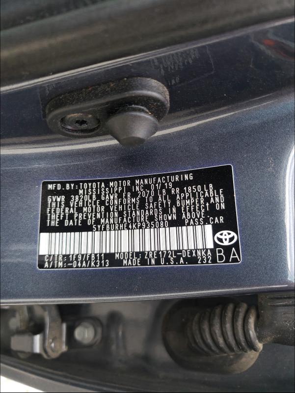 2019 TOYOTA COROLLA LE 5YFBURHE4KP935080