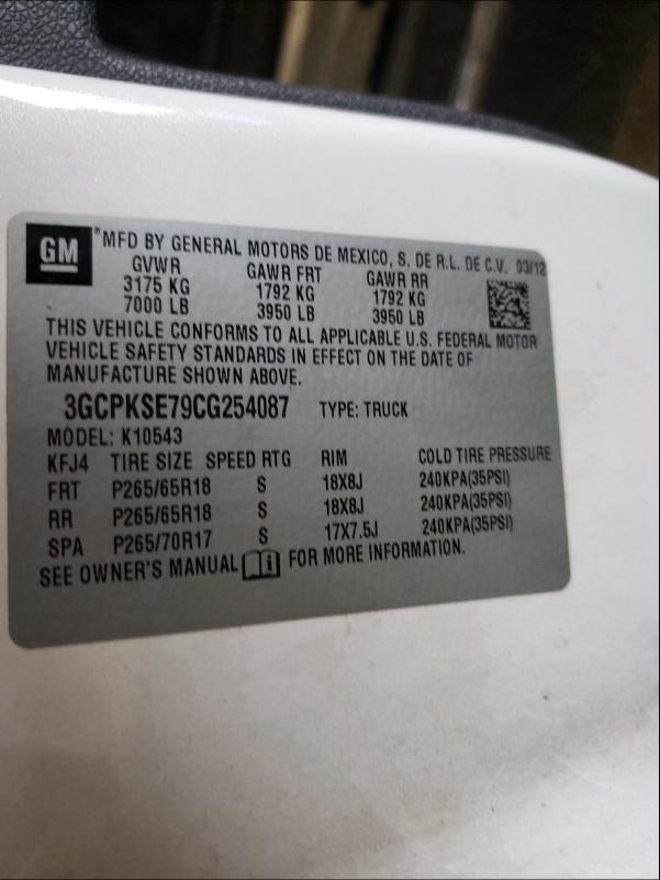 2012 CHEVROLET SILVERADO 3GCPKSE79CG254087