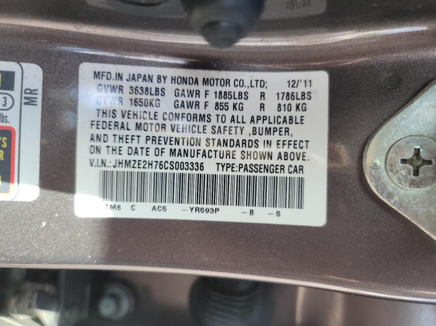 2012 HONDA INSIGHT EX JHMZE2H76CS003336