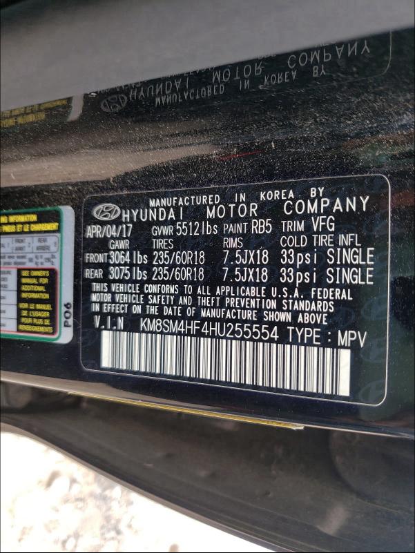 2017 HYUNDAI SANTA FE S KM8SM4HF4HU255554