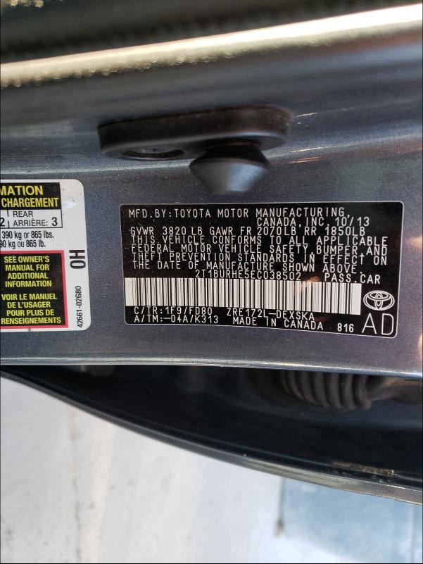 2014 TOYOTA COROLLA L 2T1BURHE5EC038502