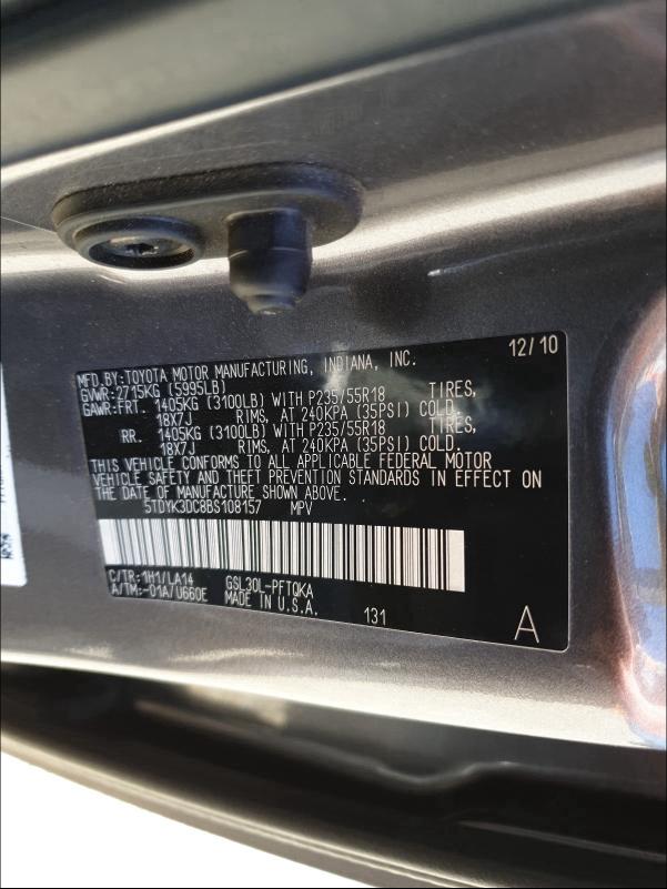 2011 TOYOTA SIENNA XLE 5TDYK3DC8BS108157