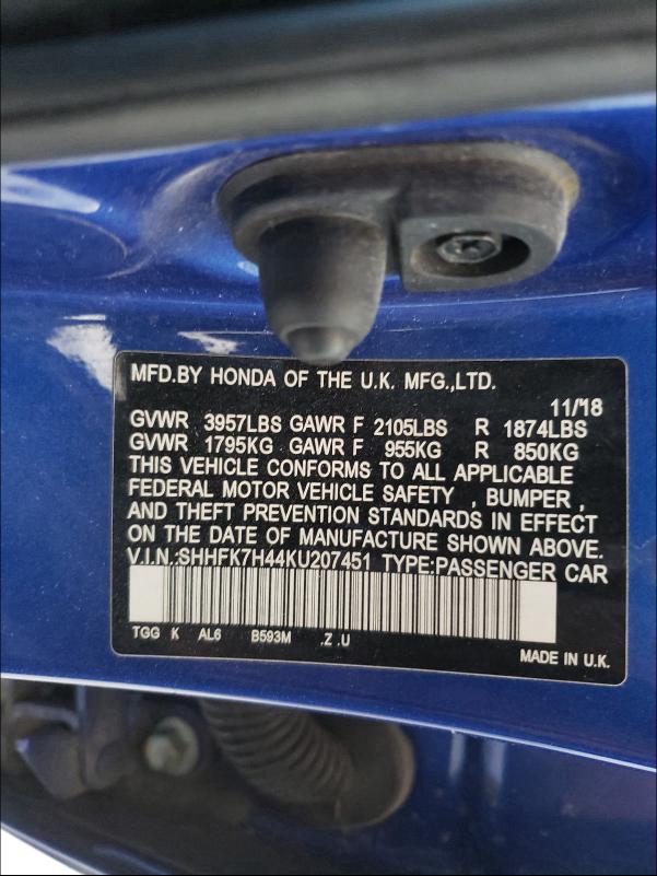 2019 HONDA CIVIC SPOR SHHFK7H44KU207451
