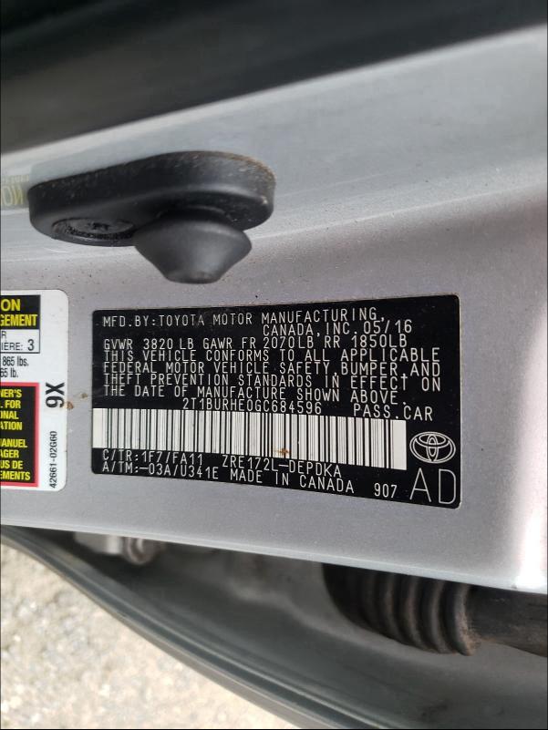 2016 TOYOTA COROLLA L 2T1BURHE0GC684596