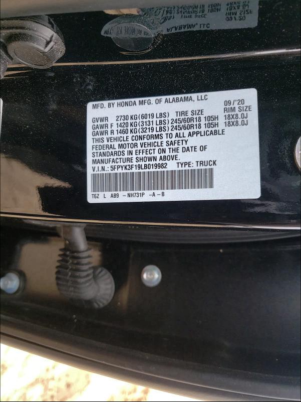 2020 HONDA RIDGELINE 5FPYK3F19LB019982