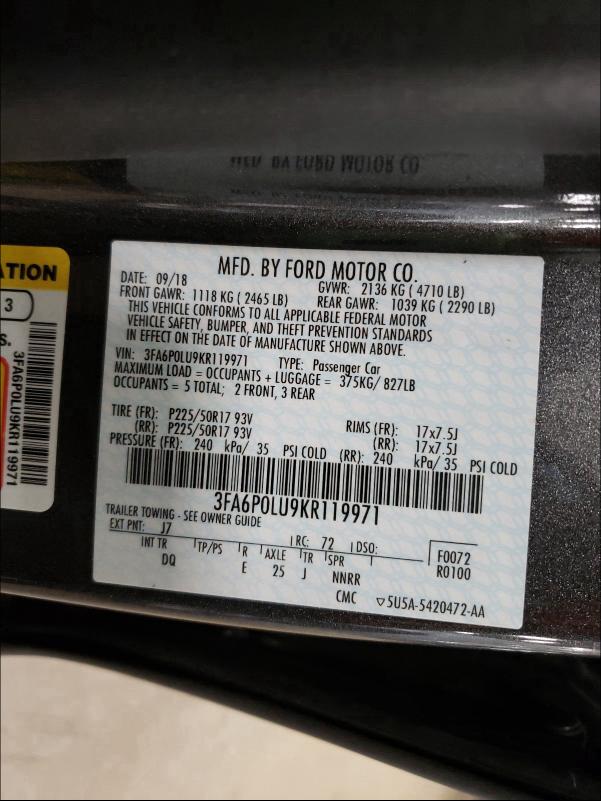 2019 FORD FUSION SE 3FA6P0LU9KR119971