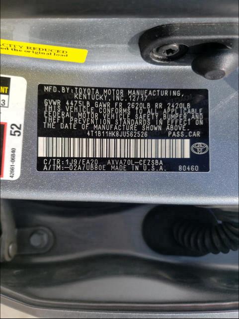 2018 TOYOTA CAMRY L 4T1B11HK8JU562526