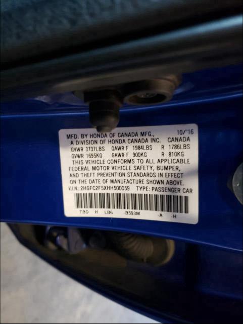2017 HONDA CIVIC LX 2HGFC2F5XHH500059