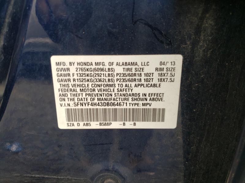 2013 HONDA PILOT EX 5FNYF4H43DB064671