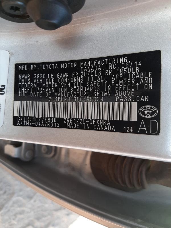 2014 TOYOTA COROLLA L 2T1BURHE3EC195039