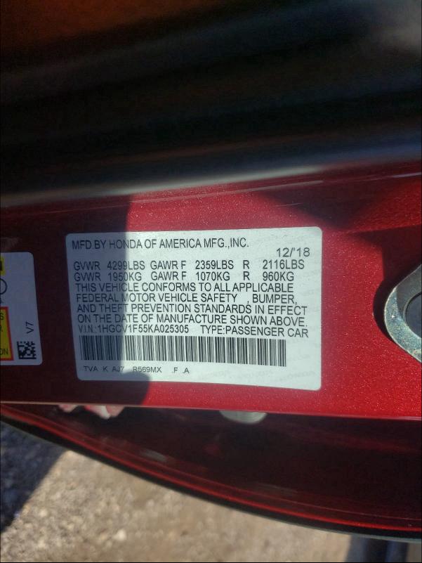 2019 HONDA ACCORD EXL 1HGCV1F55KA025305