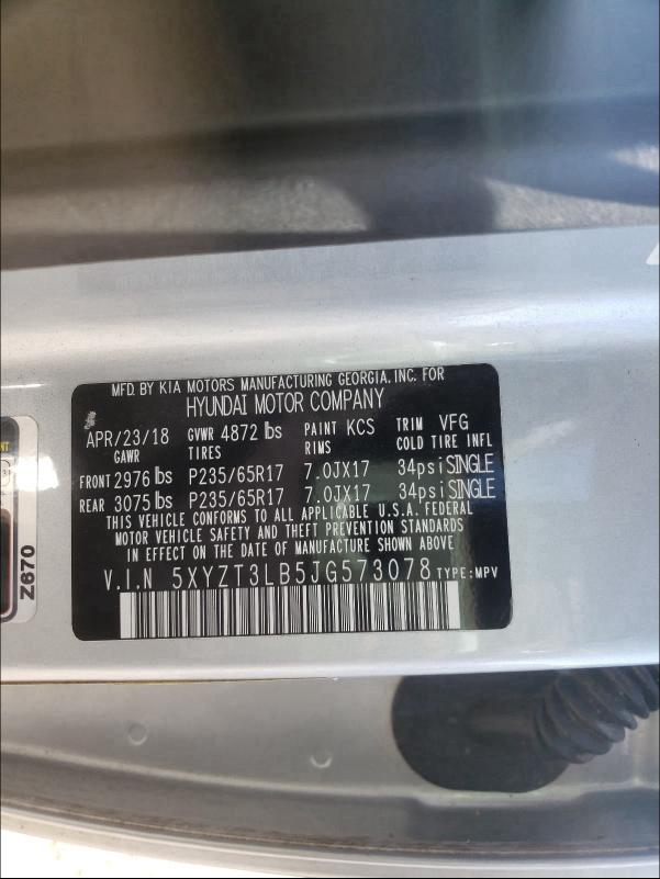 2018 HYUNDAI SANTA FE S 5XYZT3LB5JG573078
