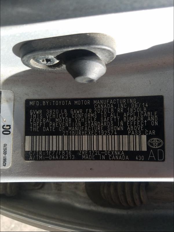 2014 TOYOTA COROLLA L 2T1BURHEXEC192574