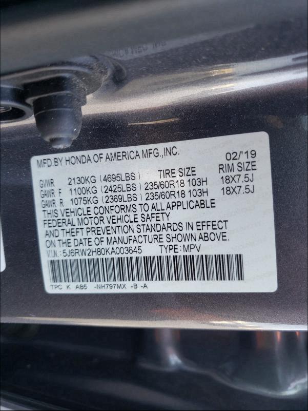 2019 HONDA CR-V EXL 5J6RW2H80KA003645