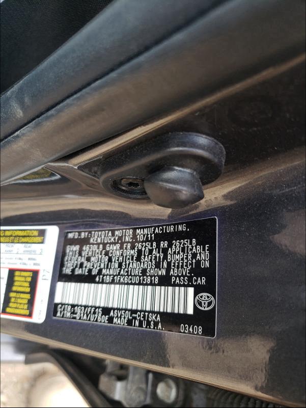 2012 TOYOTA CAMRY BASE 4T1BF1FK6CU013818