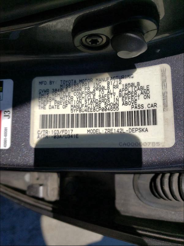 2012 TOYOTA COROLLA BA 5YFBU4EE8CP004655