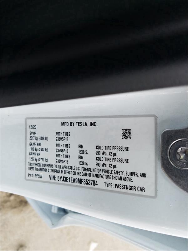 2021 TESLA MODEL 3 5YJ3E1EA9MF853784
