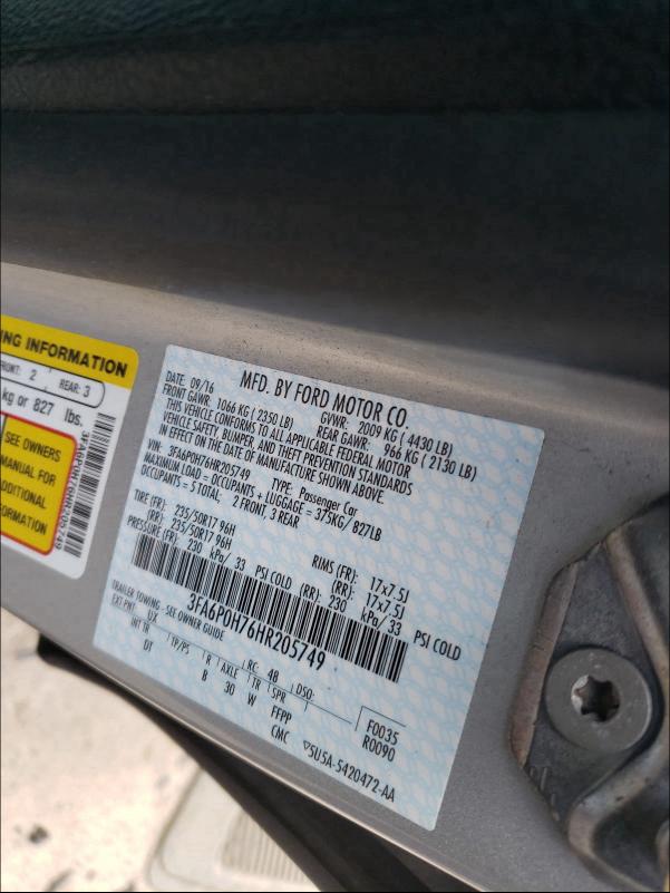 2017 FORD FUSION SE 3FA6P0H76HR205749