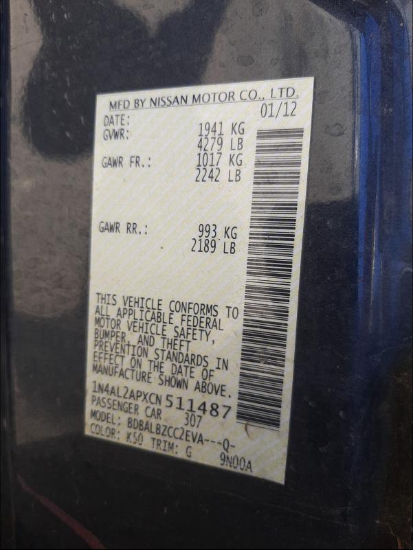 2012 NISSAN ALTIMA BAS 1N4AL2APXCN511487
