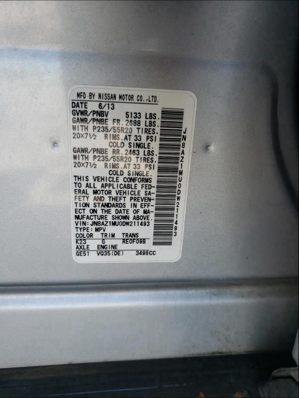 2013 NISSAN MURANO S JN8AZ1MU0DW211493