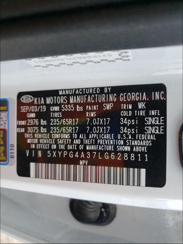 2020 KIA SORENTO L 5XYPG4A37LG628811